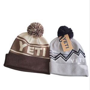 YETI Adult Pom-Pom Beanie Set - Brown and Gray NWT & NWOT